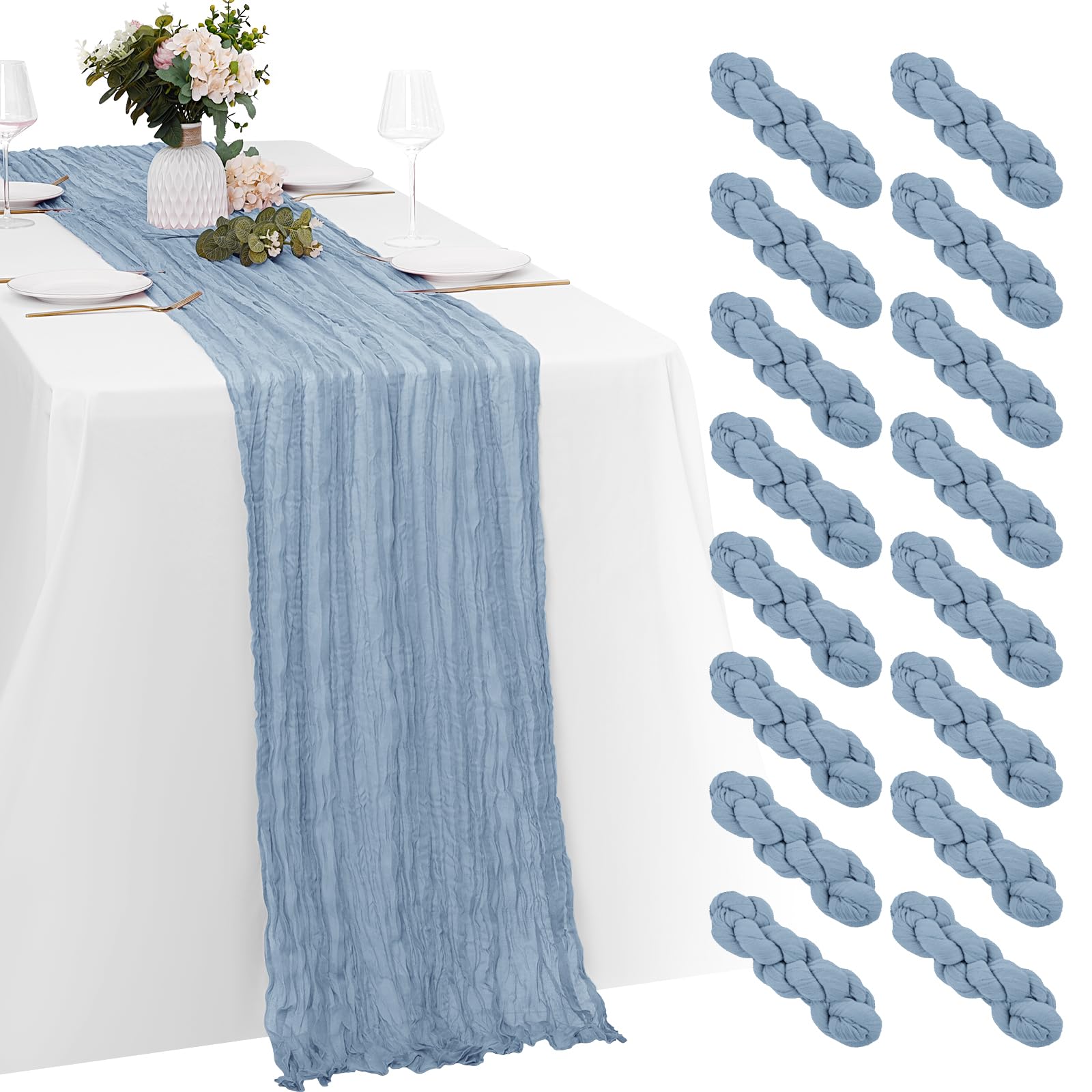 Photo 1 of 16 Pack Dusty Blue Cheesecloth Table Runners 20x120 Inch Gauze Table Runner Cheese Cloth 10FT Blue Table Runner Rustic Sheer Runner for Wedding Baby Shower Birthday Party Table Decor