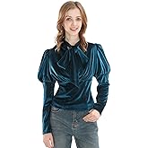 FCCAM Blue Velvet Tops for Women Long Sleeve Womens Victorian Blouse Shirt with Bow Tie