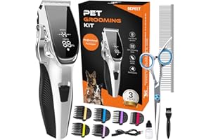 OCPEET Dog Grooming Kit Low Noise,Cordless 4 in 1 Dog Clippers for Grooming Rechargeable Pet Cat Hair Trimmer with 2 Speed,6 Guards,Scissors,Comb for Small Medium Large Pets Dogs Cats Thick Hair Sliver