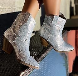 FOREVER Women Rhinestone Block Chunky Heel Ankle