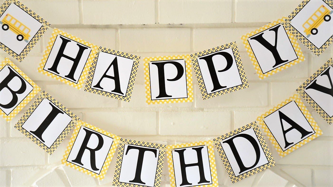 Black and Yellow School Bus Happy Birthday Banner, Customizable Happy Birthday Party Banner, Wheels on the Bus Theme Banner, 1st Birthday Party Banner, Yellow and Black