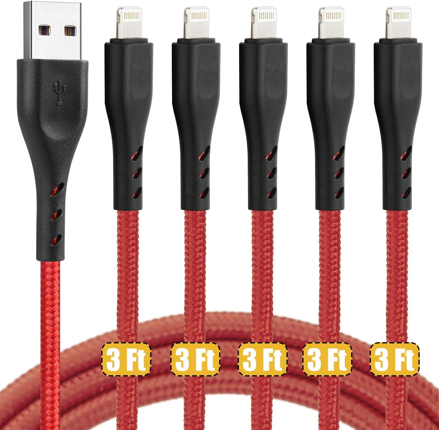 Lightning Cable 3ft, 5 Pack 3 feet iPhone Charger Cable Cord, 3 Foot CyvenSmart Nylon Braided High-Speed Charging Cord Compatible with iPhone 11/Xs/XS Max/XR/X / 8/8 Plus / 7/7 Plus, and More