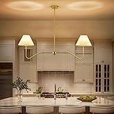 JSDORSY 2-Light Gold Modern Linear Chandelier, 55 Inch Farmhouse Kitchen Island Lighting with White Fabric Shades, Dining Roo