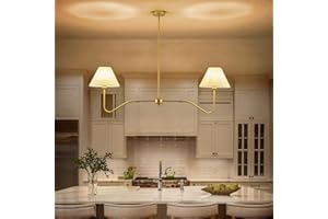 JSDORSY 2-Light Gold Modern Linear Chandelier, 55 Inch Farmhouse Kitchen Island Lighting with White Fabric Shades, Dining Room Light Fixtures for Living Room Bedroom, Height Adjustable