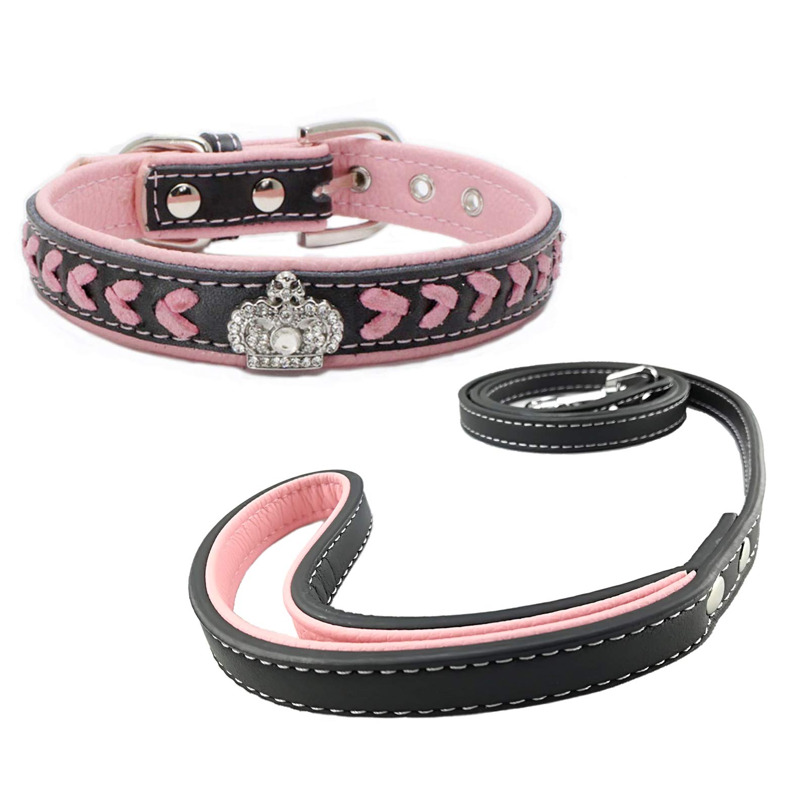 Newtensina Dog Collar and Lead Set Nylon Straps Woven Bling Collar Leather Diamante Puppy Collar with Leash for Dogs - Pink - S
