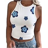 SHENHE Women's Floral Tank Top Crewneck Sleeveless Graphic Fitted Cropped Tshirt Tank