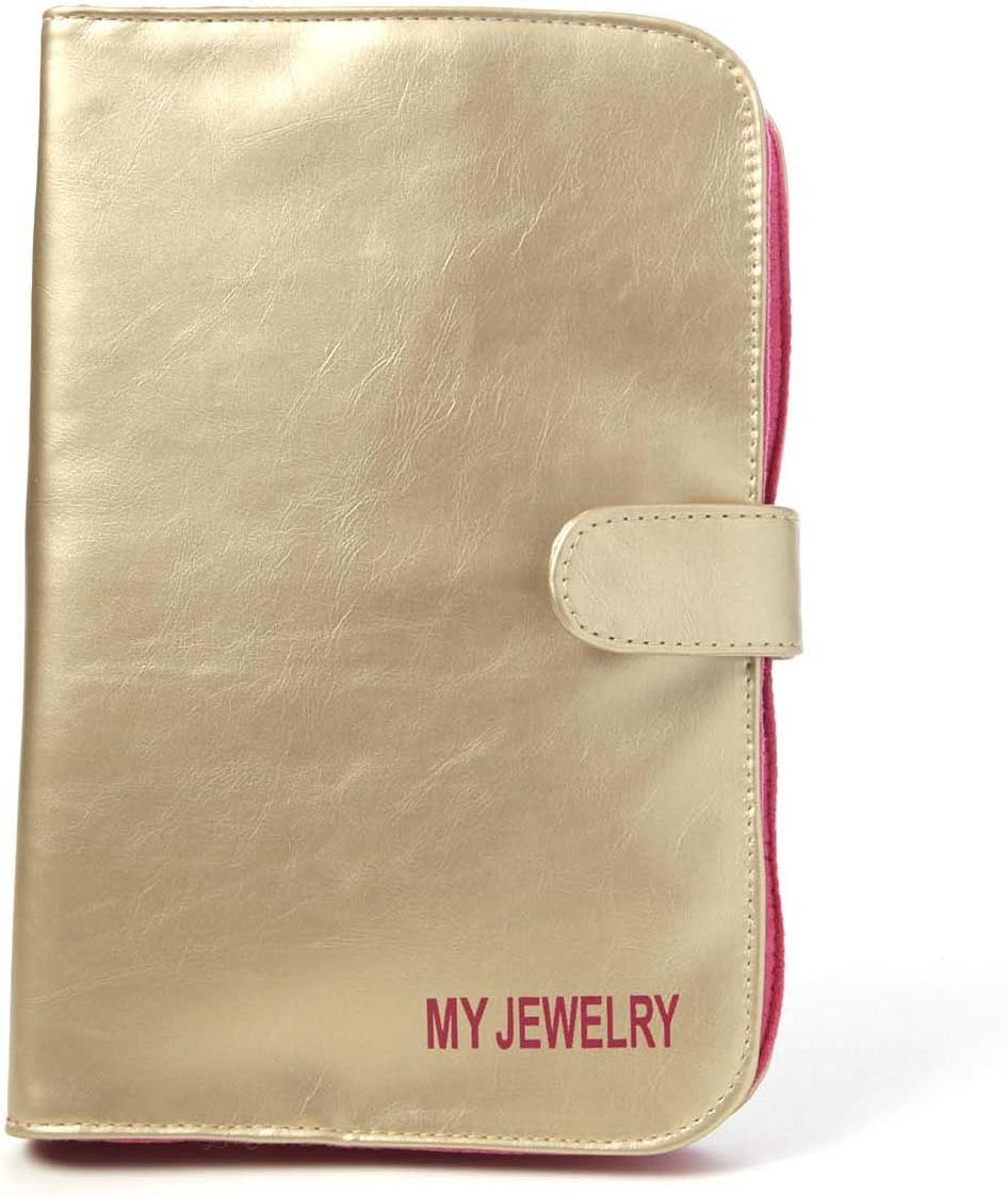 Miamica "MY JEWELRY" Gold Metallic with Pink Detail Jewelry Portfolio Travel Organizer Case