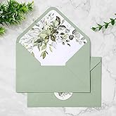 Whaline 50Pcs Greenery Envelopes 5 x 7 Inch Watercolor Sage Green Eucalyptus Leaves Invitation Envelope with Sticker V-Flap Greeting Card Holders Gift Card Sleeves for Spring Wedding