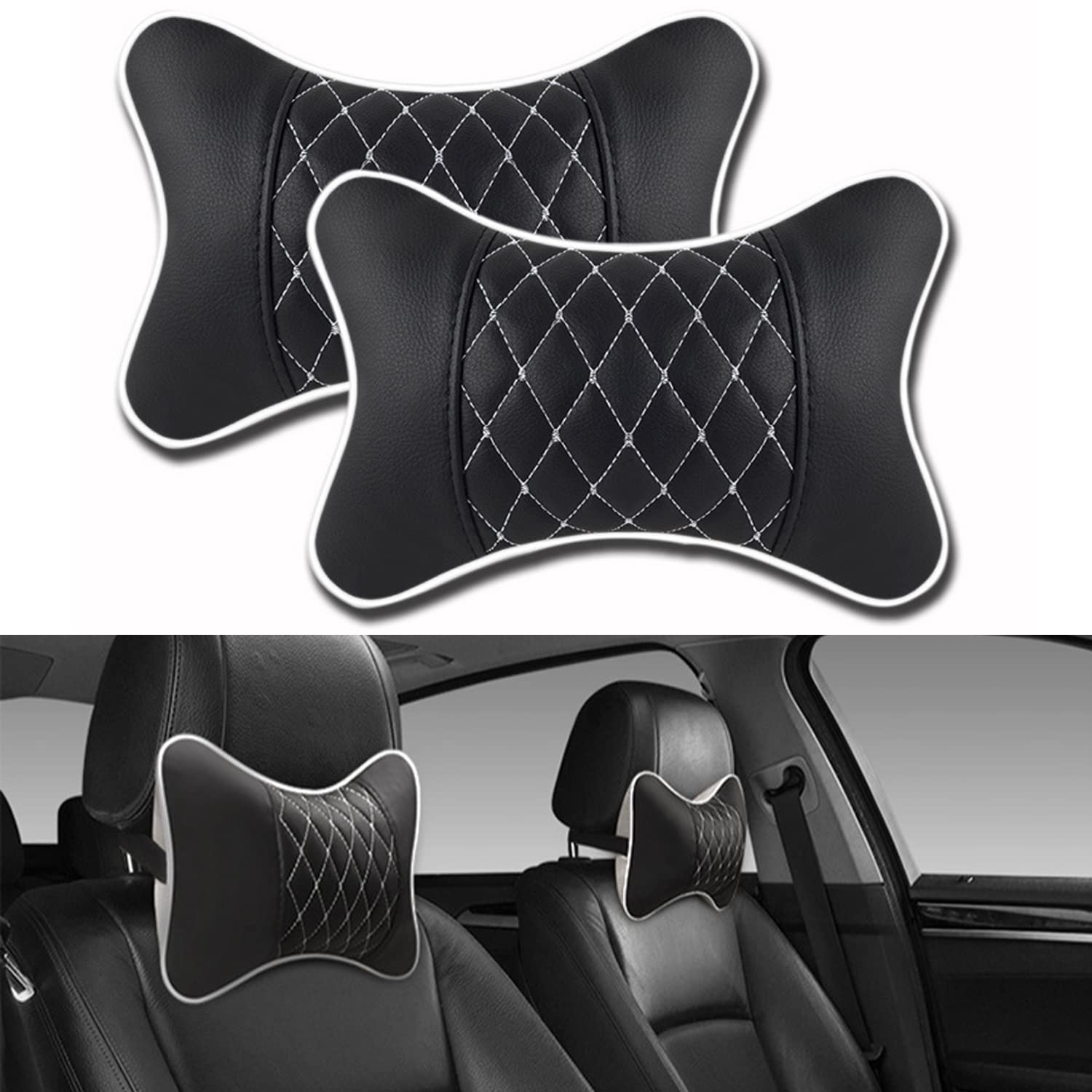 Photo 1 of *DAMAGED** BESUNTEK Car Headrest Pillow, A Pair Soft Headrest Pillow PU Leather Travel Neck Support Neck Pain Relief for Driving Home Office (Black/White)