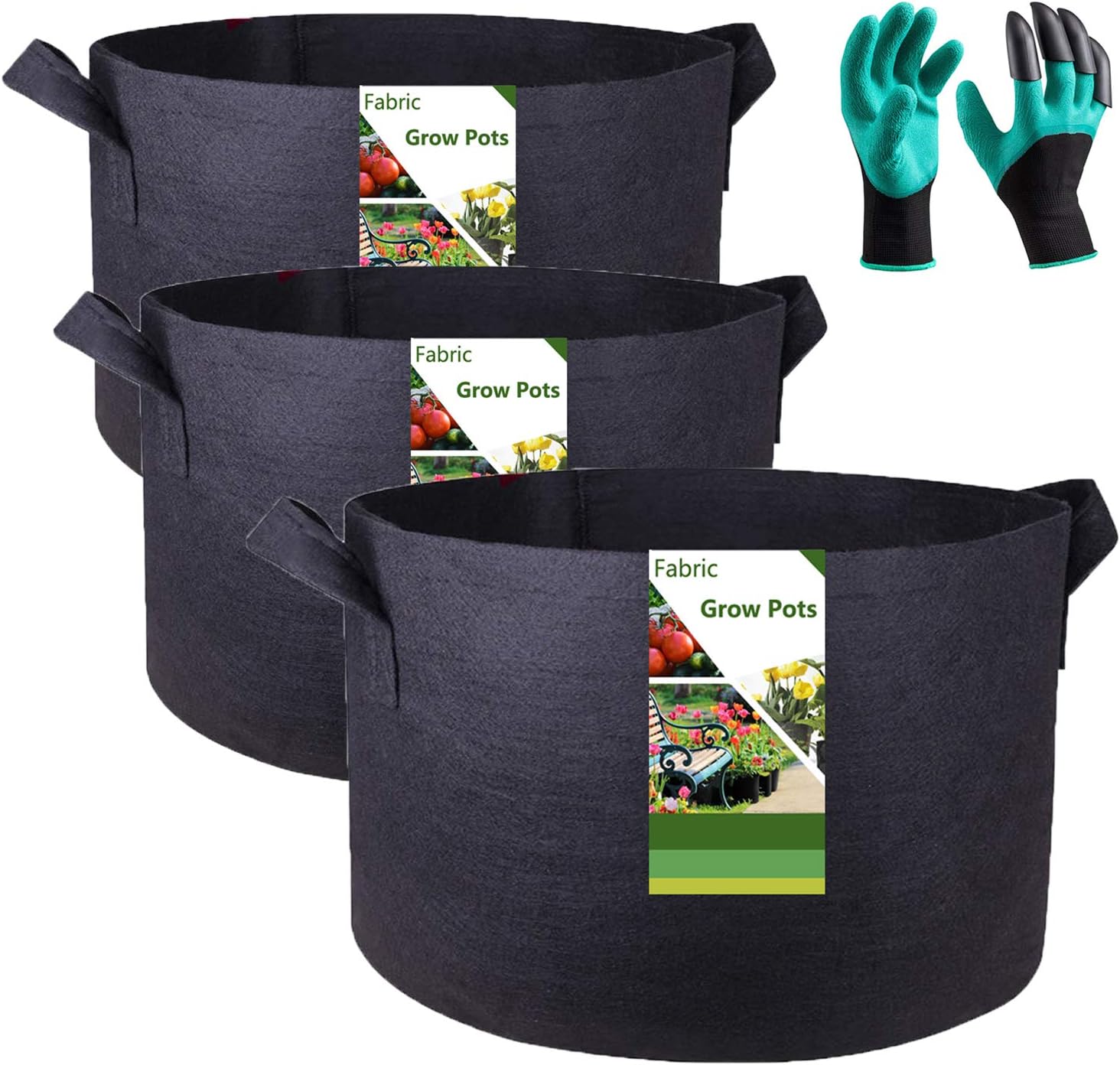 Tespher Professional 3-Pack 30 Gallon Round Fabric Pots Grow Bags (24x16 inches) with Coated Garden Gloves,Root Aeration Containers Plant Bags Flower Pouch Vegetable Container Planters