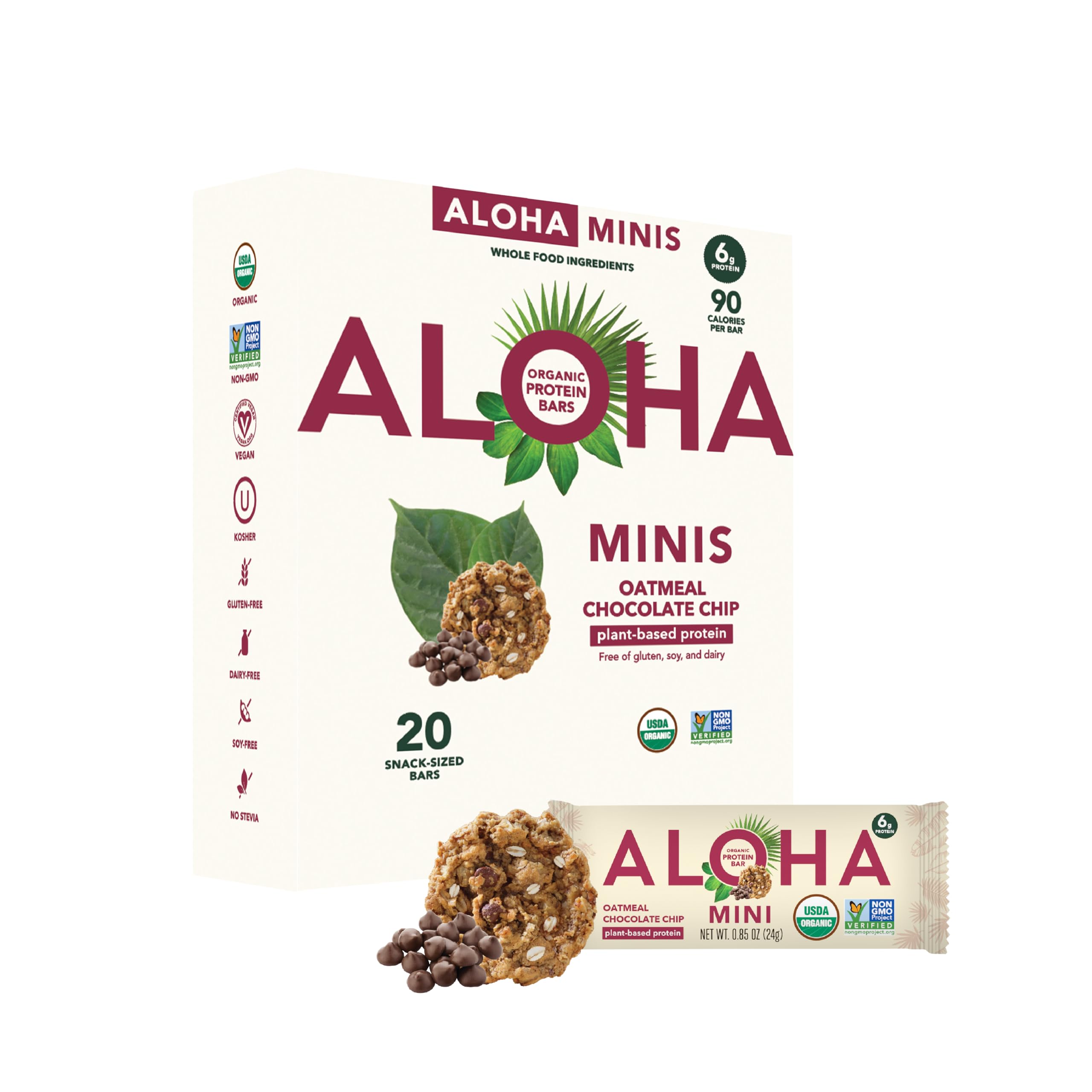 ALOHA Organic Plant Based Protein Bar MINIS | Oatmeal Chocolate Chip | GLP-1 Friendly, 20 Count, 24g Bars | Vegan, Low Sugar, Gluten Free, Low Carb, Non-GMO, No Stevia, No Soy, No Sugar Alcohols Image