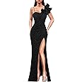 VFSHOW Womens Ruffle One Shoulder Strap Ruched Formal Prom Wedding Maxi Dress V Neck Elegant Split Cocktail Evening Long Gown