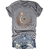 Women Mystical Moon and Sun Flower Shirt Vintage Wildflower T Shirts Boho Graphic Tees Short Sleeve Celestial Moon Tops