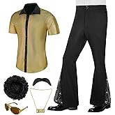 BONGZUO Mens 6Pcs 70s Disco Costume Outfits Short Sleeve Retro Shirt With Bell Bottom Pants