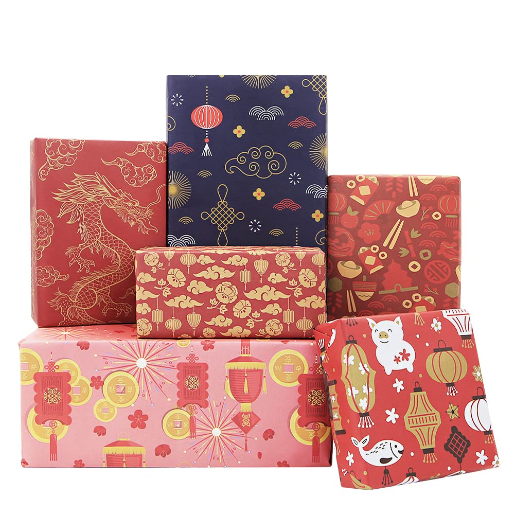 Chinese Gift Wrapping Paper,Mother's Father's Day Happy Birthday Red Wrapping Paper, 20x28" Per sheet(6 sheets:23 sq.ft.ttl.) for Chinese Lunar New Year 2023 Spring Festival Wedding Baby Shower