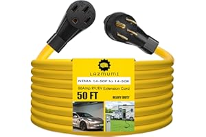 LAZMUMI 50 Amp RV/EV Extension Cord, 4 Prong NEMA 14-50P to 14-50R 50F/50M Cable Suit for RV Trailer Campers, Tesla Model 3-S-X-Y, Heavy Duty STW with Cord Organizer, ETL Listed (50 FT)