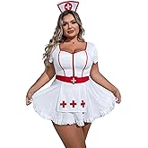 WDIRARA Women's Plus Size Nurse Costume Cosplay Zip Front Halter Lingerie Set with Headband White Red 3XL