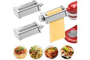 NEWSETS 3 PCS Pasta Maker Attachments for All KitchenAid Stand Mixers, Pasta Accessories Including Pasta Roller, Fettuccine Cutter, and Spaghetti Cutter for Noodle Ravioli, 304 Stainless Steel,Cleaning Crush