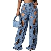 Women Sexy Hollow Out Baggy Jeans Y2k High Waisted Straight Leg Criss Cross Denim Pants