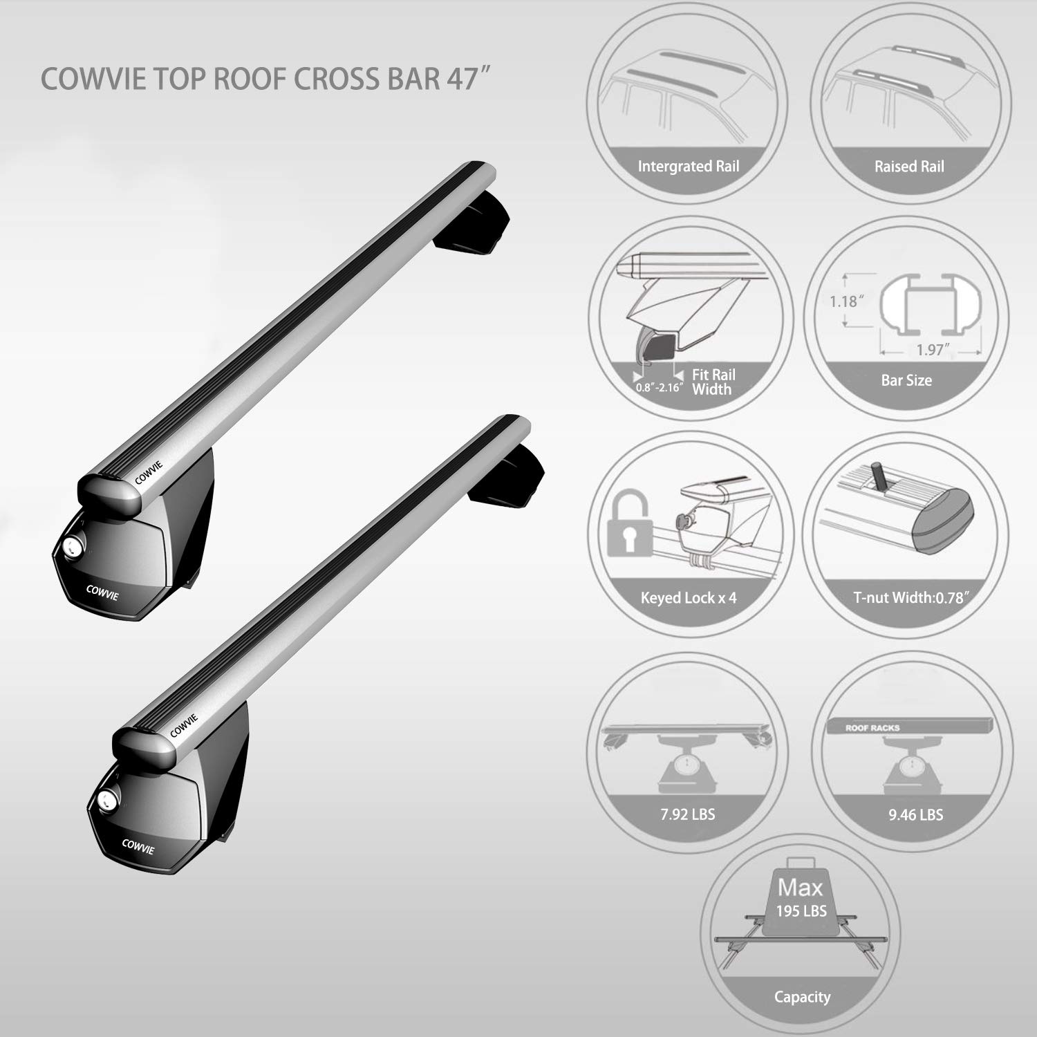 COWVIE 47” Aluminum Universal Roof Rack Cross Bars keyed Locks - Fit for Most SUVs Both Raised Side Rails and Integrated Rails Silver