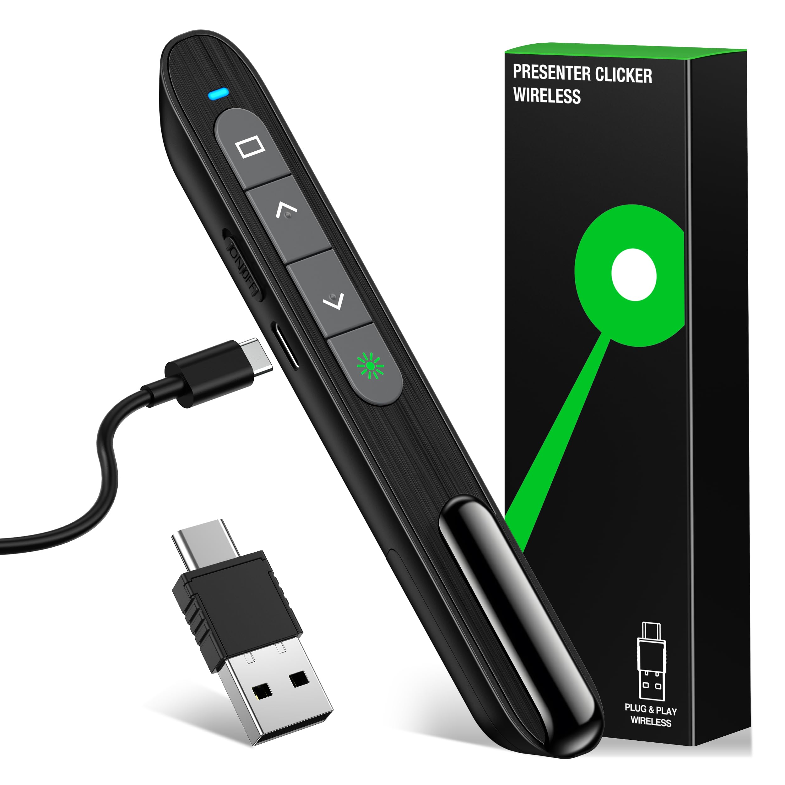 Photo 1 of 2 in 1 USB Type C Rechargeable Presentation Clicker with Green Pointer, Wireless Presenter for PowerPoint Presentation PPT Clicker, 2.4GHz Presentation Remote Slide Advancer for Computer MacBook
