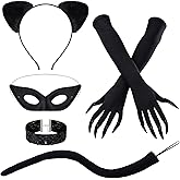 5pcs Black Cat Costume Accessories Include Cat Ear Headband Mask Necklace Claw Gloves Tail for Women Halloween Cosplay Party
