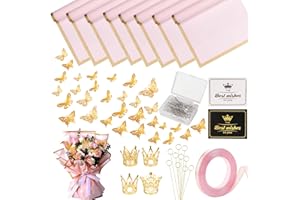 Fesorsi 20 Sheets Pink Floral Paper, Flower Bouquet Wrapping Paper Golden Edge, 48 Pieces 3D Gold Butterfly Decoration, Flower Wrapping Paper Suitable for Making Bouquets, DIY Floral Arrangements