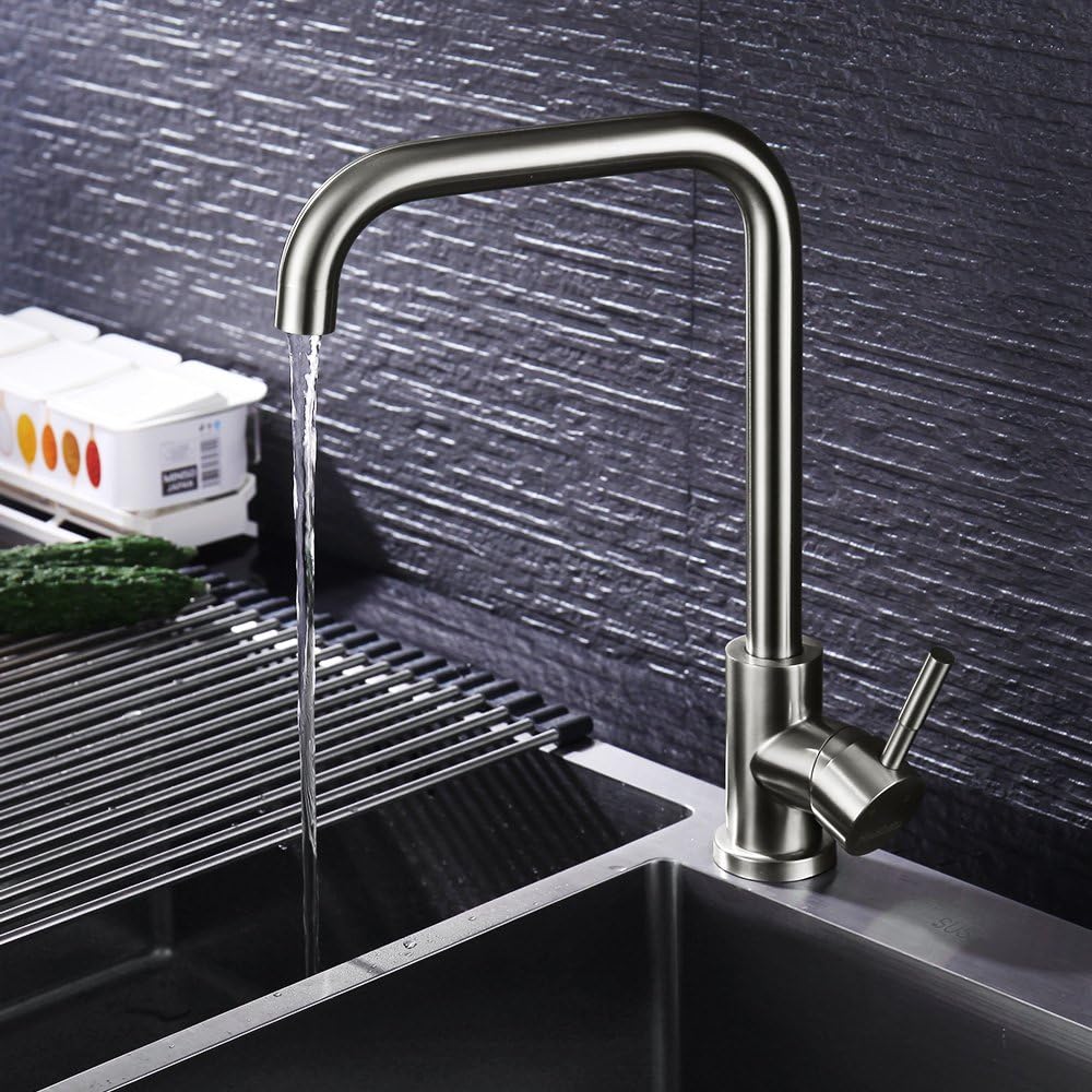 Hausbath Square Single Handle Single Hole Brushed Nickel Monobloc Mixer Kitchen Taps, Kitchen Taps Faucet