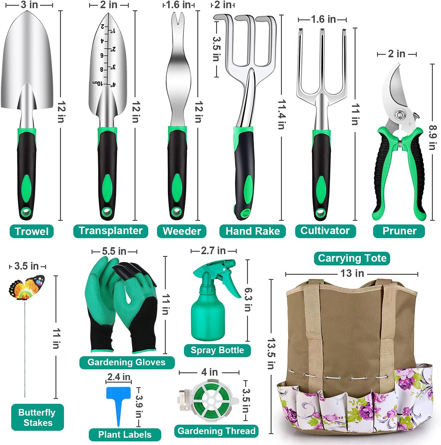 82 Pcs Garden Tools Set, Extra Succulent Tools Set, Heavy Duty Gardening Tools Aluminum with Soft Rubberized Non-Slip Handle Tools, Durable Storage Tote Bag, Gifts for Men (Green) : Garden & Outdoor