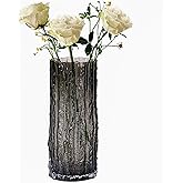 Voguad 9.8 Inch Black Glass Vase, Glacier Glass Flower Vase, Boho Cylinder Ribbed Vase for Centerpiece, Living Room, Kitchen, Bookshelf, Dinner Table