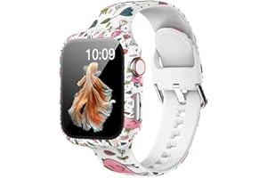 LKEITY Floral Printed Pattern Silicone Band with Case Cover Set Screen Protector Compatible for Apple Watch 45mm 44mm 42mm 41mm 40mm 38mm, Soft Sport Strap for iWatch Series 8 7 SE 6 5 4 3 2 1 Women