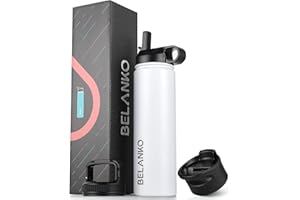 Water Bottle, BELANKO 24 Oz Insulated Stainless Steel Water Bottle with Straw and 3 Lids, Leak-Proof Double-Wall Vacuum for Cold Water Drinks, Sports, Travel, School, and Car - Polar White