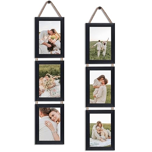 QUTREY 4x6 Collage Picture Frames Black, 6 Openings Vertical Hanging Photo Frame Set Display 4 by 6 inch Pictures for Wall Decor, 2 Pack