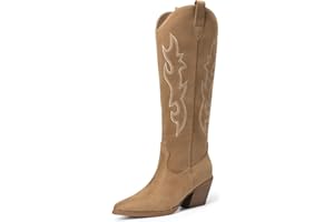 DREAM PAIRS Women's Cowboy Boots Pointed Toe Knee High Cowgirl Boots Block Heel Suede Western Tall Boots for Music Festival P
