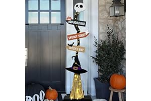 DAZONGE Halloween Decorations -Lighted Halloween Wooden Witch’s Broom for Indoor Outdoor Porch Yard Decor - Spooky Light up Witch Decorations Sign