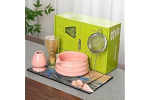 Matcha Tea Ceremony Set with Pink Ceramic Bowl, Bamboo Whisk, Strainer and Mat, 7-Piece Traditional Japanese Style