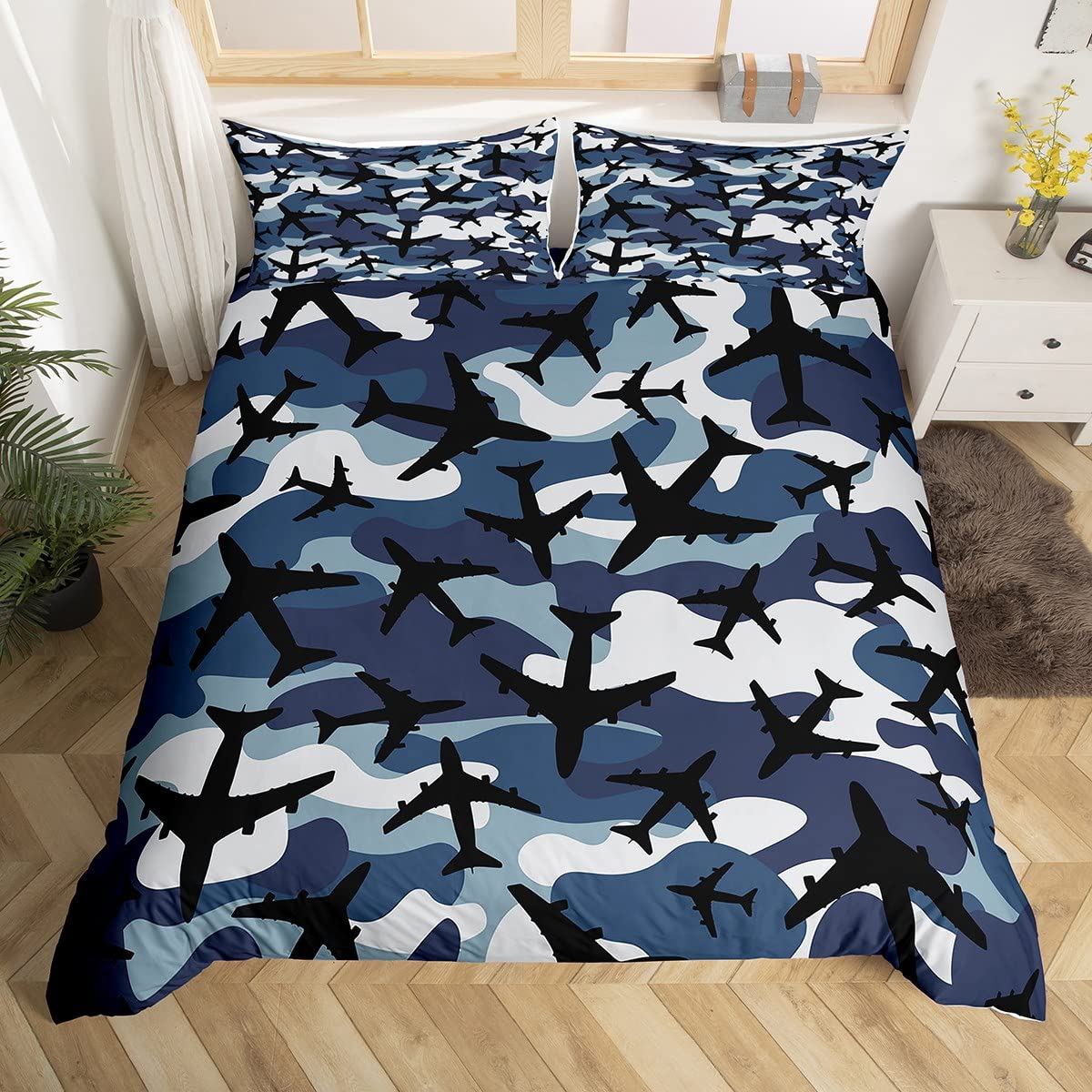 Aircraft Bedding Set Teen Camouflage Airplane Duvet Cover for Kids Boys Girls Army Helicopter Comforter Cover Blue Black Bedding & Linen with 1 Pillowcase 2Pcs Bedding Single