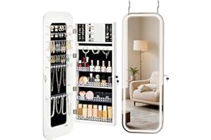 VEVOR LED Mirror Jewelry Cabinet, 42.5-inch Tall, Full-Length Mirror with Storage, Wall Mount/Over the Door Jewelry Armoire O
