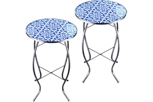 Arbuxzuy 2PCS 14 Inch Small Outdoor Side Table with Blue-White Mosaic, Glass Mosaic Patio Table Indoor, Round Plant Coffee Table for Living Room, Balcony, Garden