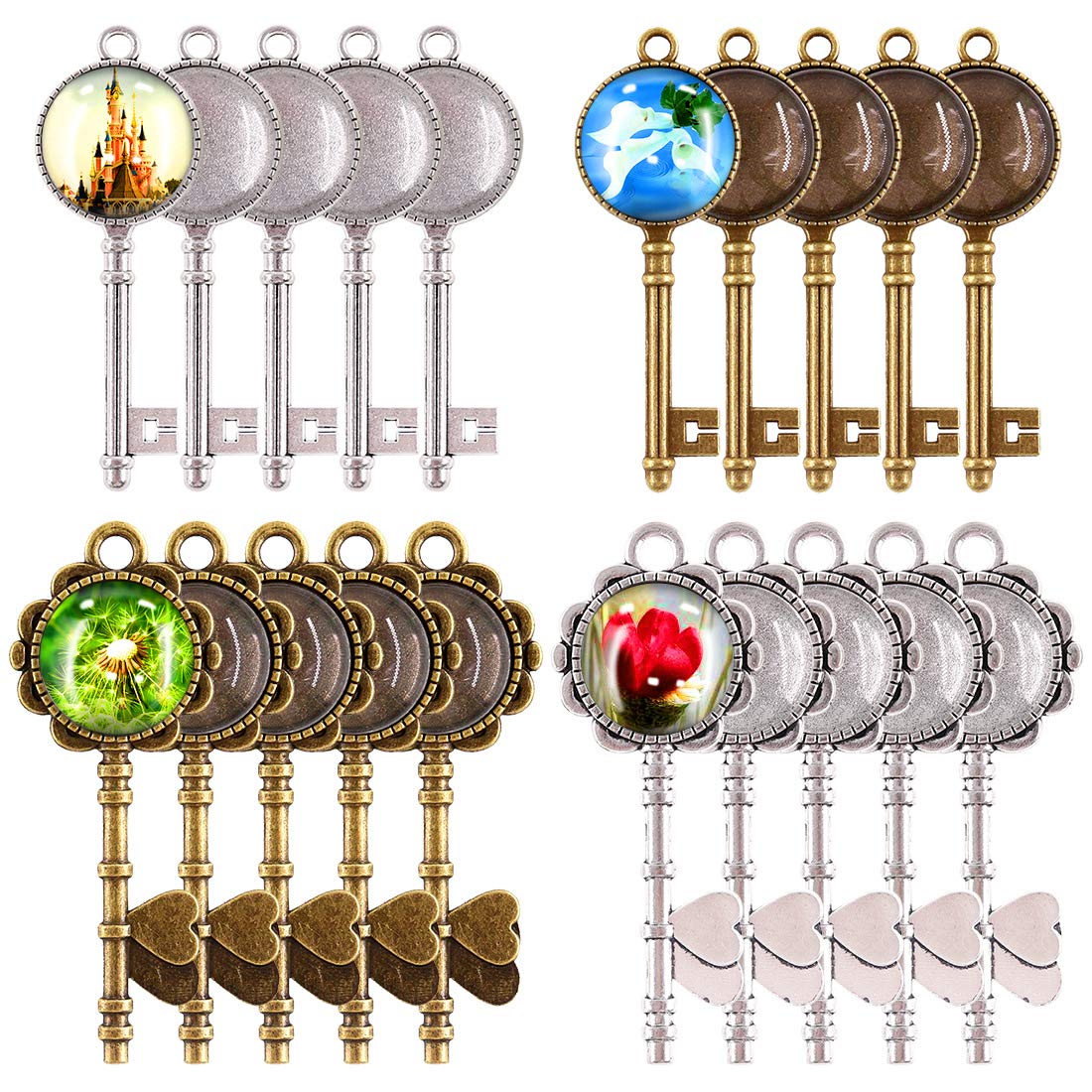 Glarks 48-Pieces Vintage Pendant Trays Set, 24pcs Skeleton Keys Pendant Trays with 24pcs Bright Glass Dome Tiles Cabochon for DIY Wedding Party Gifts Jewelry Necklace Pendants Decoration