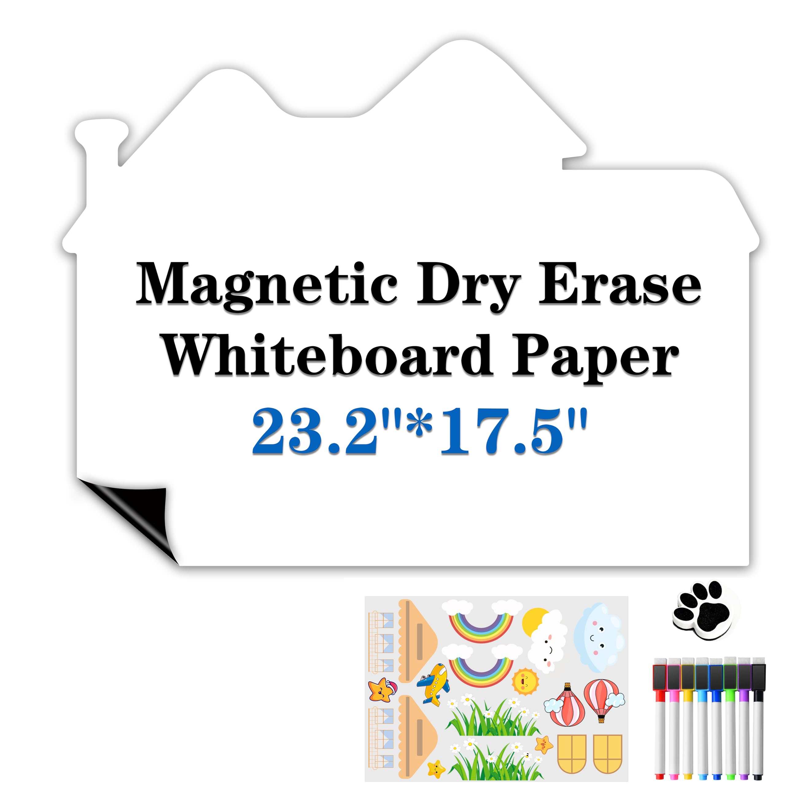 Photo 1 of **MAGNET NOT VERY STRONG** Magnetic Whiteboard Contact Paper for Wall 23.2"*16.9" Adhesive Magnetic Dry Erase White Board Sticker with Eraser and 8 Markers for Kids Removable Peel and Stick Whiteboard Wallpaper Roll