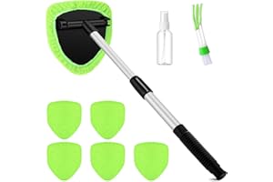 Potchen 8 Pcs Car Windshield Cleaner Tool Kit with Extendable Handle, Microfiber Towel Pads, Brush, Empty Spray Bottle for Auto Glass Wiper Suvs Rvs & Home Windows (Green)