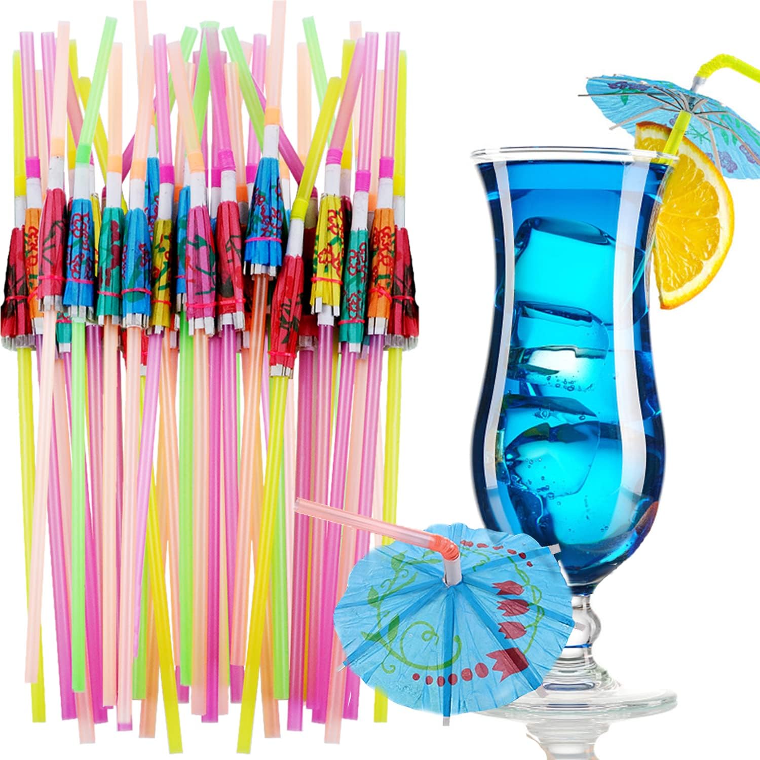 Photo 1 of 100 Pcs Cocktail Umbrella Drink Straws Tropical 9.5 Inch Bendable Bar Plastic Mini Paper Umbrella Hawaiian Beach Party Decorative Straws
