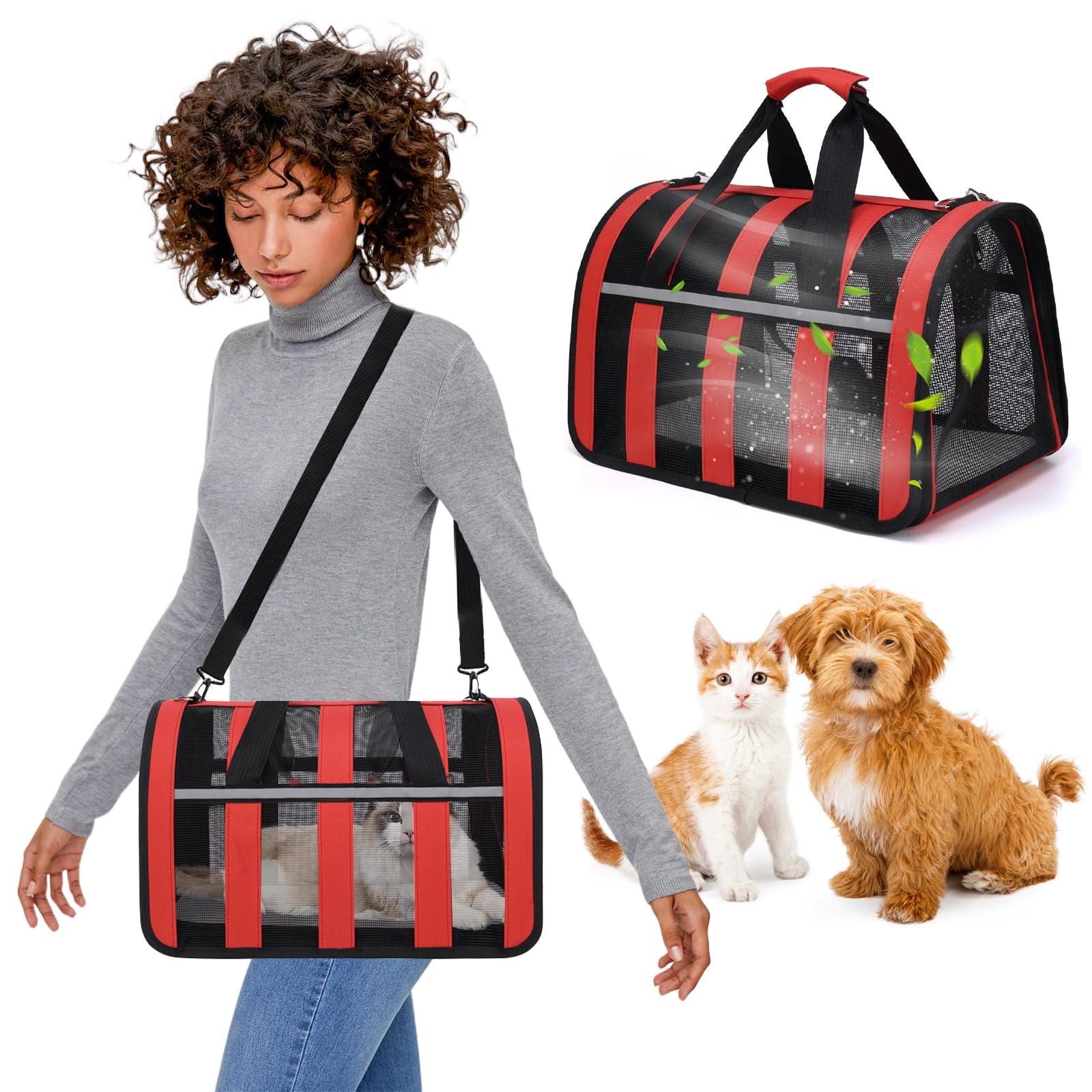 PETCUTE Pet Carrier Bag,Foldable Reflective Cat Carrier Bag with Adjustable Shoulder Straps,Storage Side Pocket,Removable Mat,Breathable Mesh Pet Travel Carrier for Dogs Cats Puppy Kitten