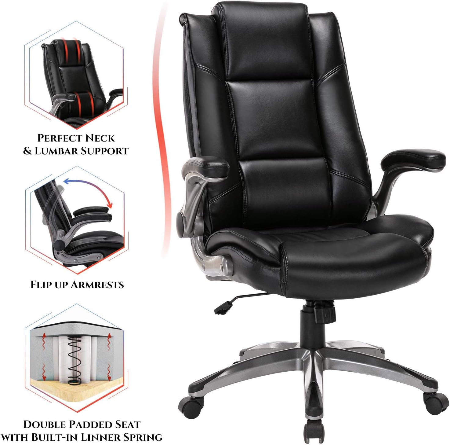 Office Chair High Back Leather Executive Computer Desk Chair - Flip-up Arms and Adjustable Tilt Angle Swivel Chair Thick Padding for Comfort and Ergonomic Design for Lumbar Support: Office Products
