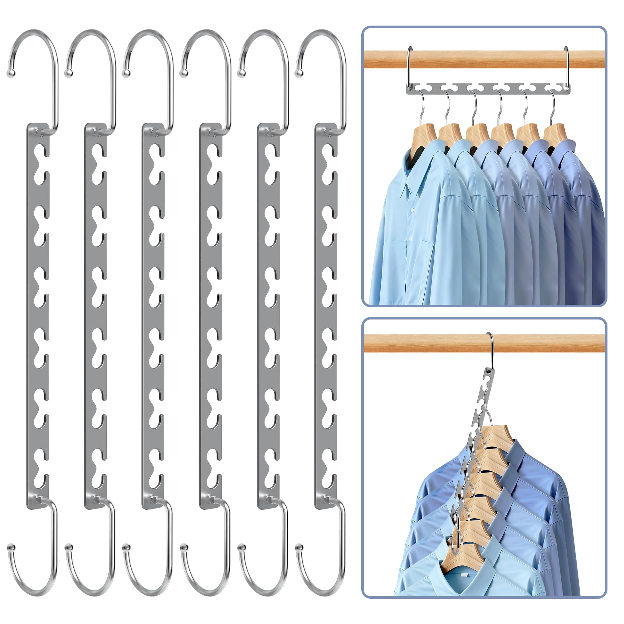 cycleacc Magical Space Saving Hangers for Clothes, Space Saver Hangers, Metal Multi Coat Hangers, Closet Organizer and Storage, Dorm Room Essential, 6 PCS