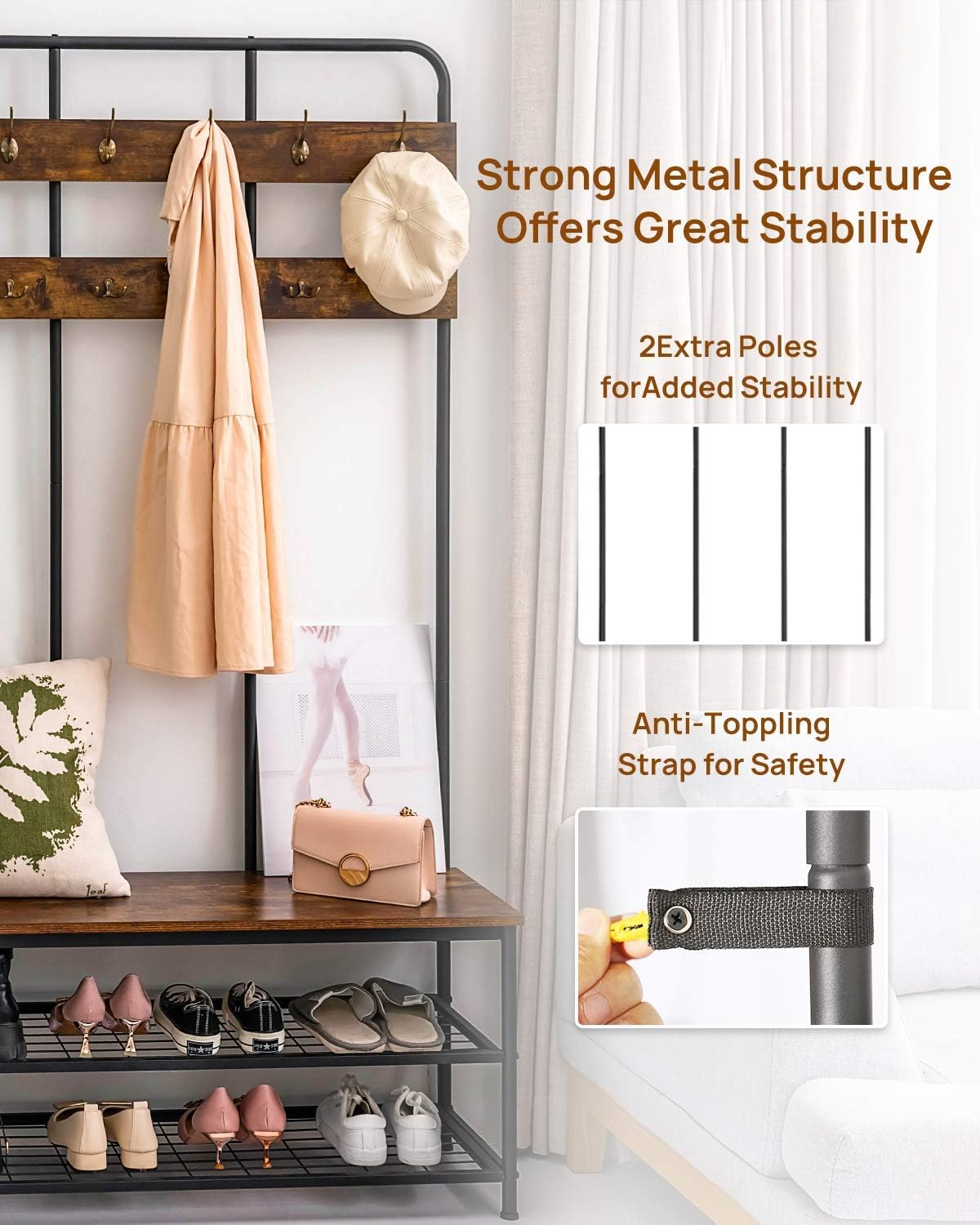 shoe storage for living room on Furniture 3 In 1 Coat Rack For Living Room 1 Bench With 2 Layers Of Shoe Racks Entrance Storage Rack Storage Rack Bedroom Office Clothes Hats 12 Hooks Aermoo Vintage Metal And Wood Hall Tree