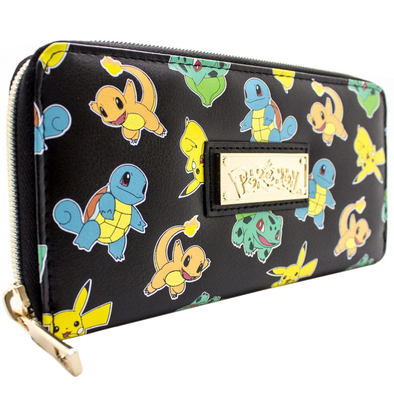 Starters Squirtle and Bulbasaur with Pikachu Black Coin and Card Clutch Purse, One Size