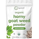 Maximum Strength Organic Pure Horny Goat Weed with Active Icariins for Men and Women, 100 Grams, Organic Epimedium Powder for Energy and Immune System Booster, Filler Free and Vegan Friendly