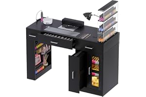 Kikihouse Manicure Table Nail Tech Desk w/Glass Top Drawer, Nail Tech Table w/Movable Shelves, Dust Collector, Wireless Charging, Cabinet, LED Lights, Acetone-Resistant Salon Workstation (Black)